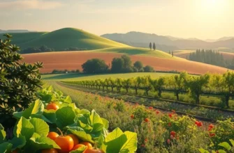 Scenic view of an organic field filled with vegetables and fruits under soft sunlight.