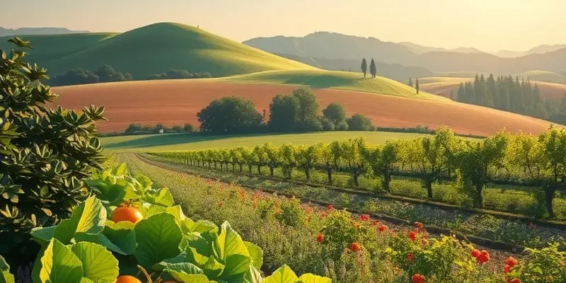 Scenic view of an organic field filled with vegetables and fruits under soft sunlight.