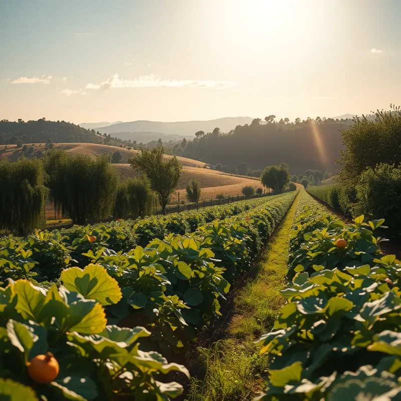 A vibrant sunlit field showcasing an abundance of fresh vegetables and fruits.