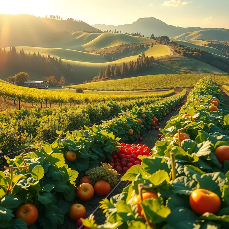A sunlit field with vibrant vegetables and fruits, symbolizing the freshness of home-cooked meals.