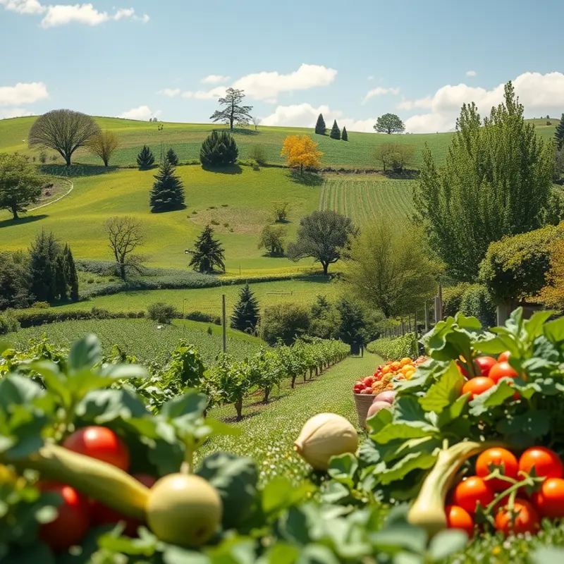 A vibrant sunlit field showcasing a bounty of fresh vegetables and fruits.