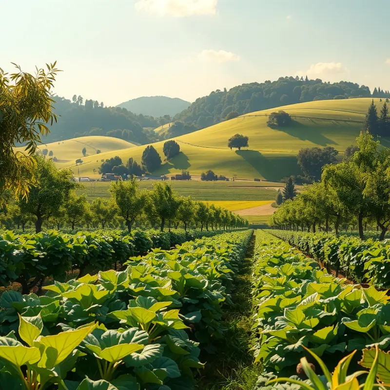 A sunlit field showcasing vibrant vegetables and fruits in a natural setting.
