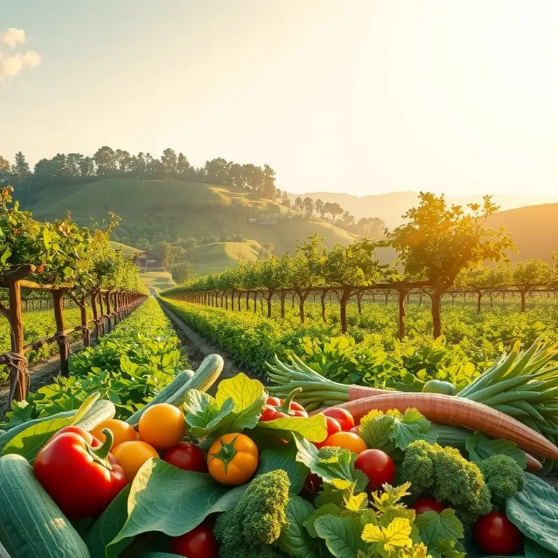A sunlit field filled with vibrant vegetables and fruits, depicting the abundance of organic produce.