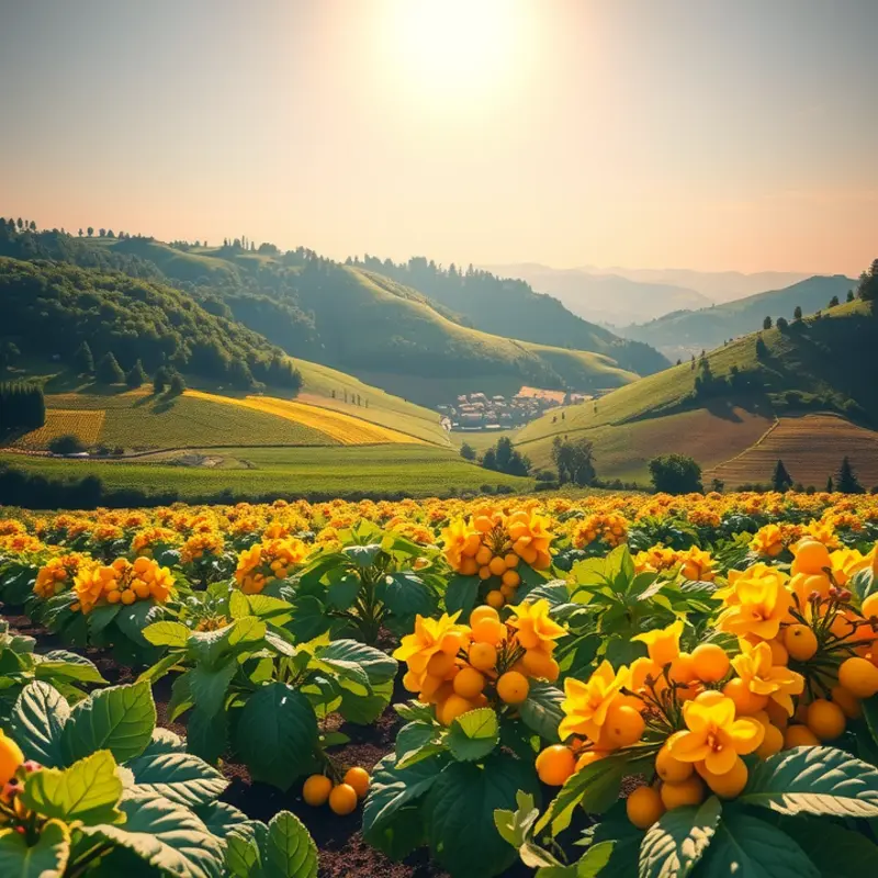 A sunlit field showcasing vibrant vegetables and fruits.