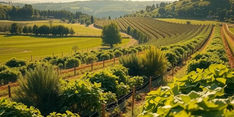An orchard filled with vibrant vegetables and fruits under a warm sunlight.