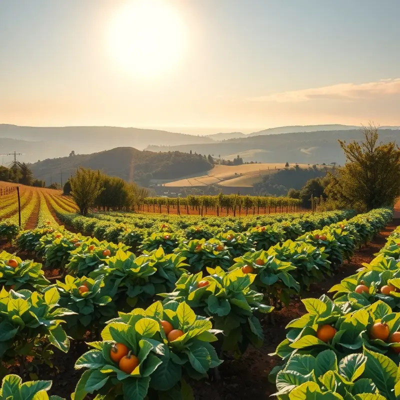 A vibrant orchard brimming with colorful fruits and vegetables under soft sunlight.
