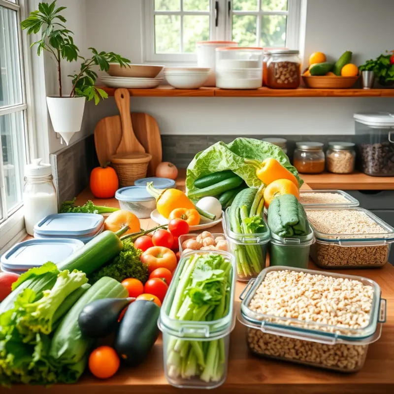 A bright kitchen scene showcasing fresh ingredients for meal prep.