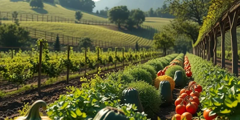 A stunning natural scene showcasing fields of vibrant fruits and vegetables.