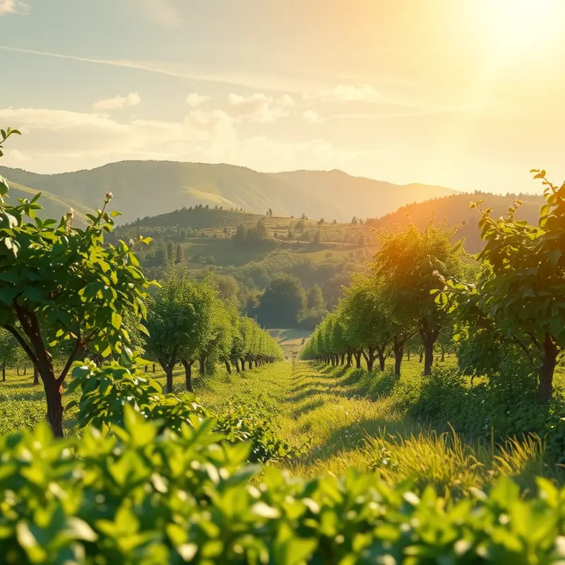 A vibrant sunlit orchard showcasing abundant fresh produce.