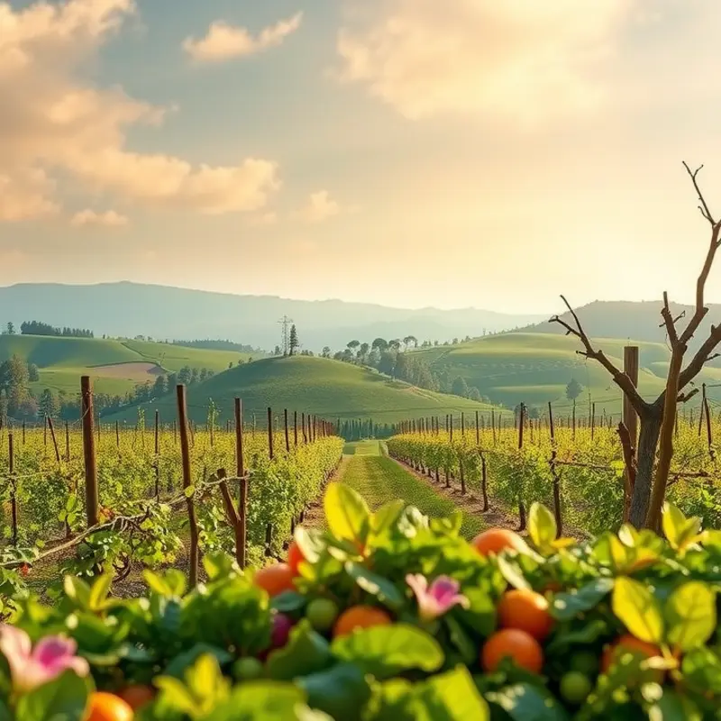 Vibrant fruits and vegetables growing under warm sunlight, symbolizing the importance of nutrition.