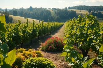A picturesque landscape of an orchard filled with colorful fruits and vegetables under warm sunlight.