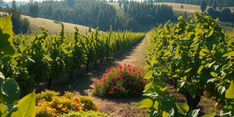 A picturesque landscape of an orchard filled with colorful fruits and vegetables under warm sunlight.