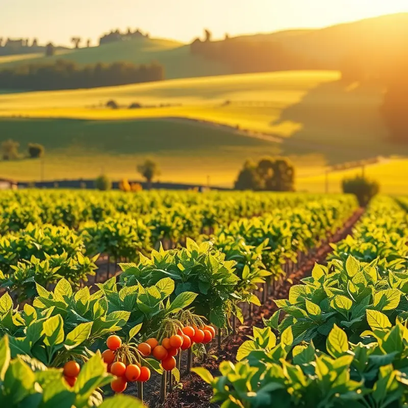 A beautiful sunlit orchard showcasing vibrant fruits and vegetables.