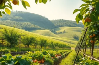 A scenic view of a sunlit orchard brimming with diverse fruits and vegetables, representing healthy nutrition.