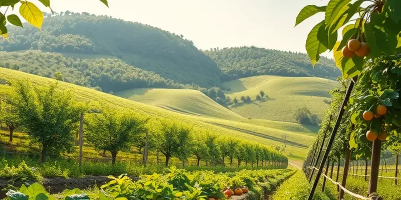 A scenic view of a sunlit orchard brimming with diverse fruits and vegetables, representing healthy nutrition.