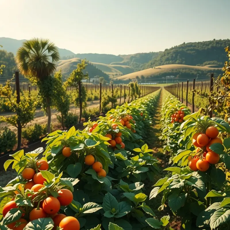 A sunlit orchard with vibrant fruits and vegetables representing natural snack options.