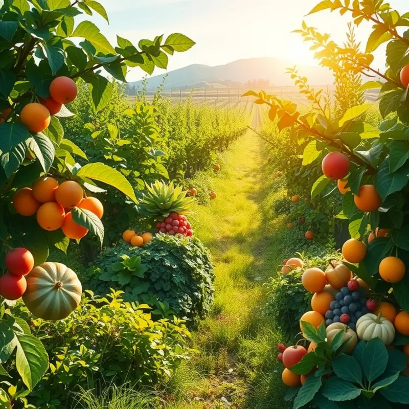 A sunlit orchard showcasing vibrant fruits and vegetables, symbolizing health and abundance.
