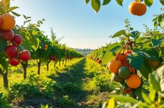 A vibrant, sunlit orchard filled with fresh vegetables and fruits among lush greenery, symbolizing the connection between emotions and healthy eating.
