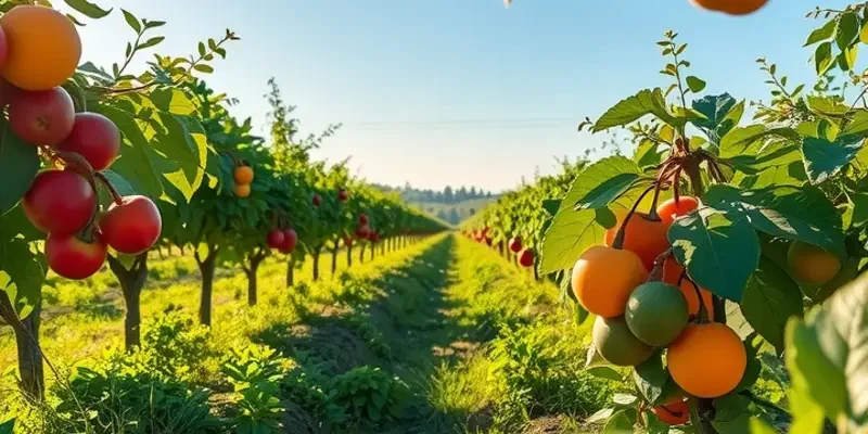 A vibrant, sunlit orchard filled with fresh vegetables and fruits among lush greenery, symbolizing the connection between emotions and healthy eating.