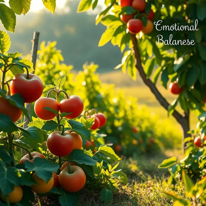 A sunlit orchard abundant with vibrant vegetables and fruits representing emotional wellness through mindful eating.