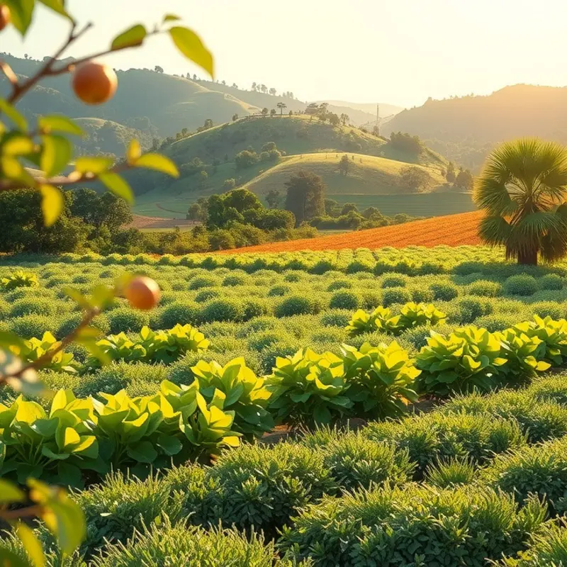 A sunlit orchard abundant with vibrant fruits and vegetables.
