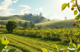 A beautiful sunlit landscape featuring a variety of organic fruits and vegetables.