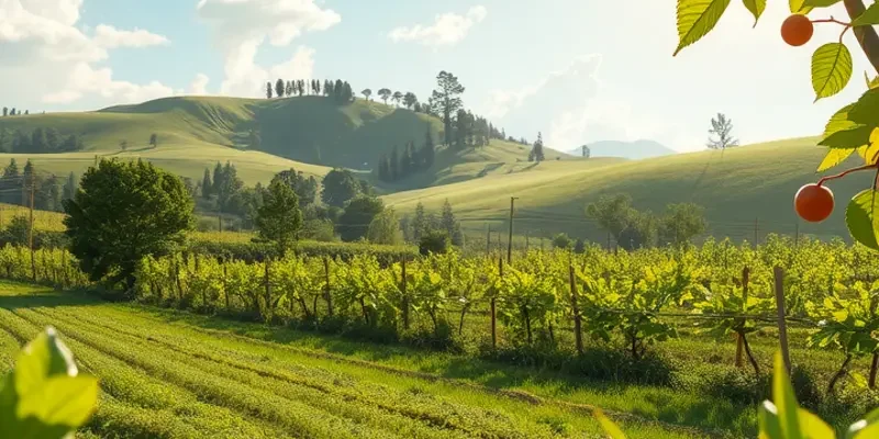 A beautiful sunlit landscape featuring a variety of organic fruits and vegetables.