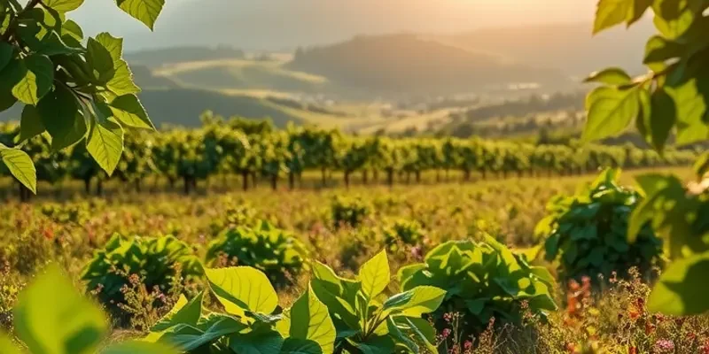 A scenic field showcasing healthy organic fruits and vegetables growing naturally.