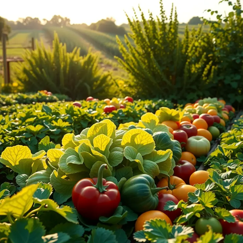 A vibrant field of organic vegetables and fruits under soft sunlight, representing the abundance of nature.