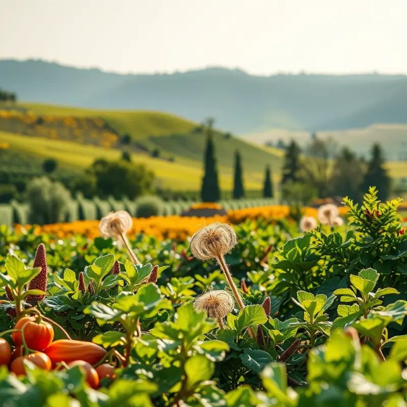 A vibrant sunlit field showcasing a variety of organic vegetables and fruits.