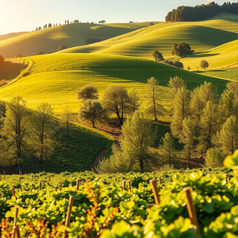A vibrant sunlit field filled with organic fruits and vegetables.