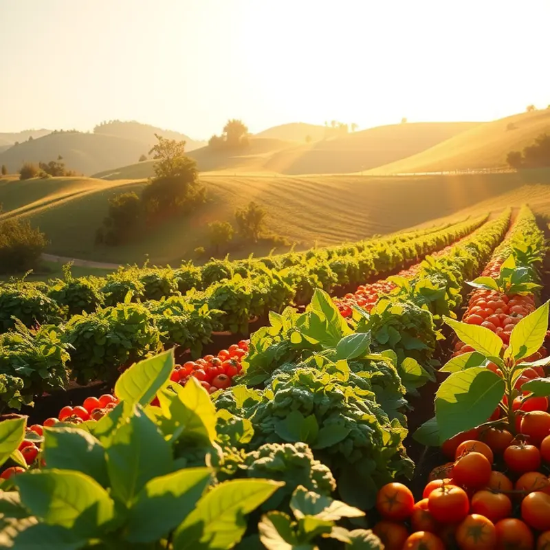A vibrant sunlit field filled with organic produce.