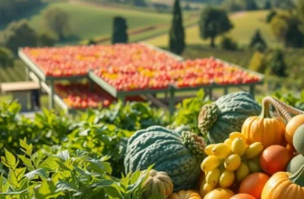 A lush sunlit field showcasing various organic fruits and vegetables.