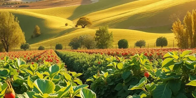 Lush orchard featuring ripe fruits and vegetables, symbolizing freshness.