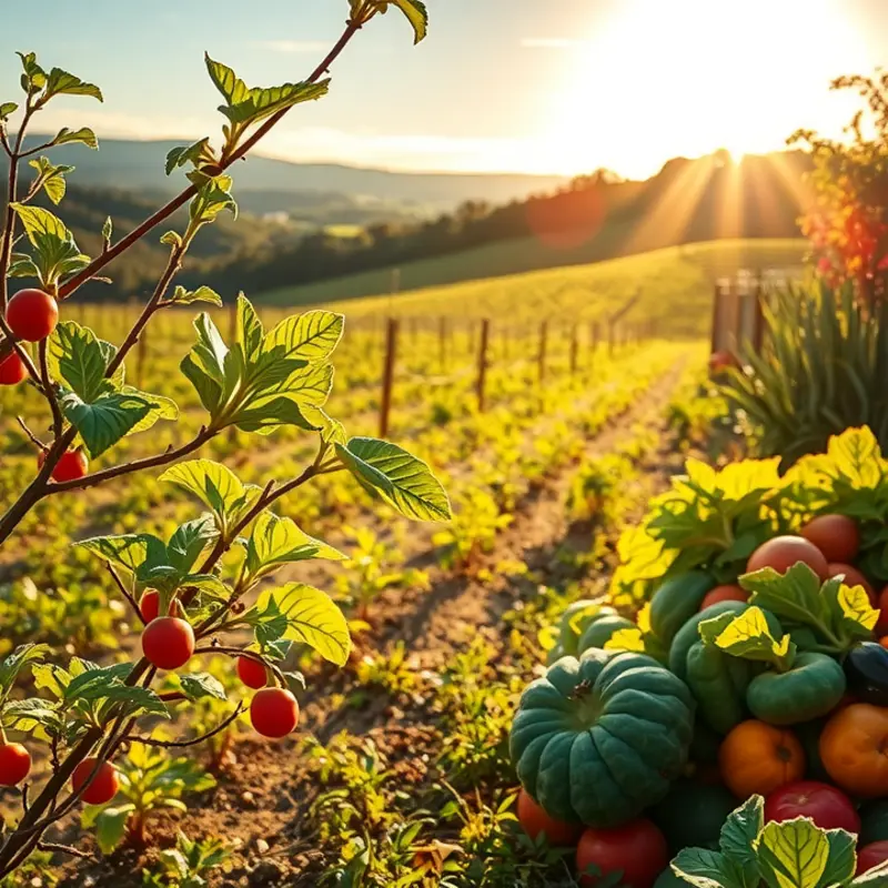 A sunlit orchard filled with vibrant fruits and vegetables, representing the abundance of nature.