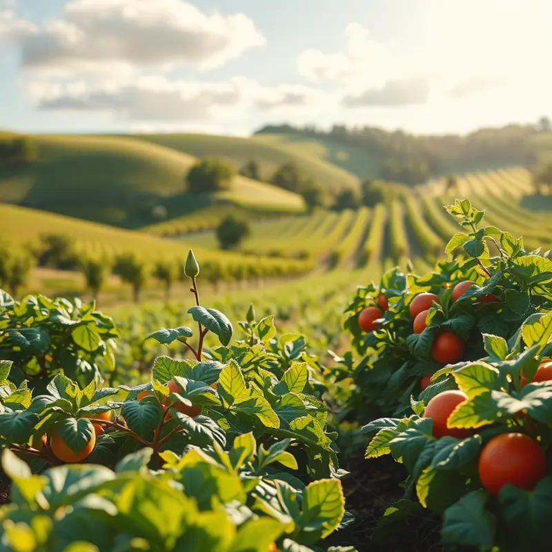 A vibrant field showcasing fresh, organic produce under warm sunlight.