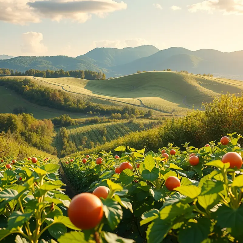 A tranquil sunlit orchard filled with ripe fruits and vegetables, representing the bounty of mindful eating.