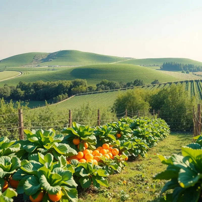 A vibrant orchard showcasing an abundance of organic fruits and vegetables under soft, natural lighting.