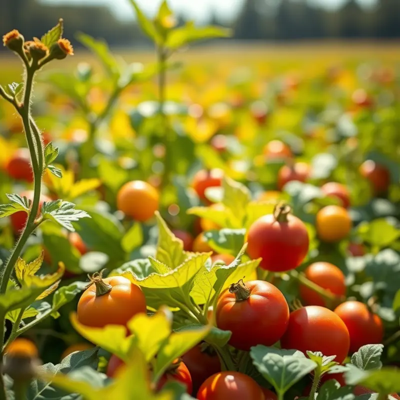 A sunlit field abundant with organic vegetables and fruits.