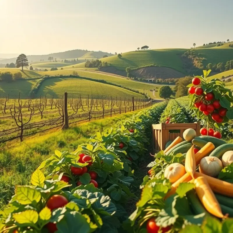 A vibrant orchard showcasing an abundance of fresh vegetables under warm sunlight.