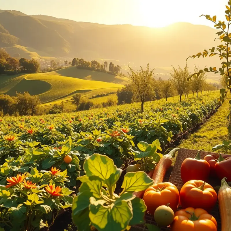 A vibrant garden showcasing fresh vegetables and fruits in a sunlit setting.
