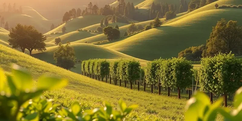 A natural scene featuring expansive fields filled with lush greenery and colorful organic produce.