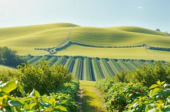 A vibrant sunlit orchard with organic fruits and vegetables, reflecting the goal of healthy baking.