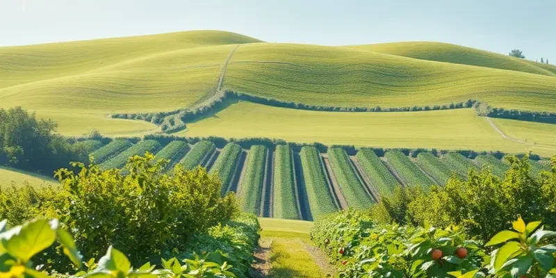A vibrant sunlit orchard with organic fruits and vegetables, reflecting the goal of healthy baking.