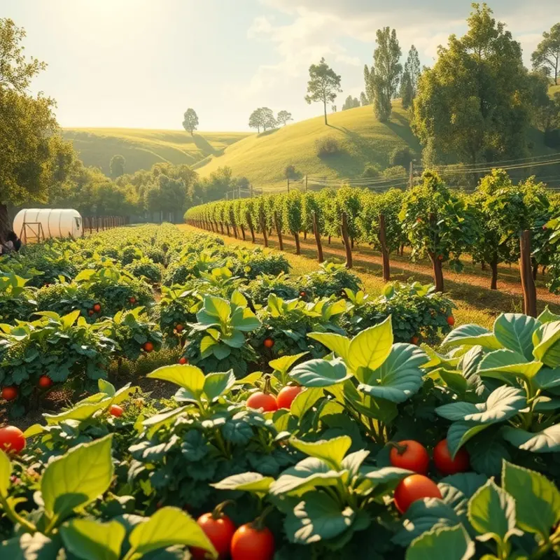 A sunlit field showcasing vibrant vegetables and fruits growing naturally.