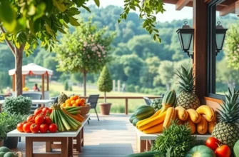 A vibrant orchard with fresh fruits and vegetables, surrounded by lush greenery, symbolizing the essence of health and nutrition.