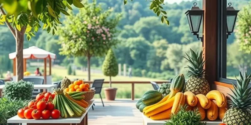 A vibrant orchard with fresh fruits and vegetables, surrounded by lush greenery, symbolizing the essence of health and nutrition.