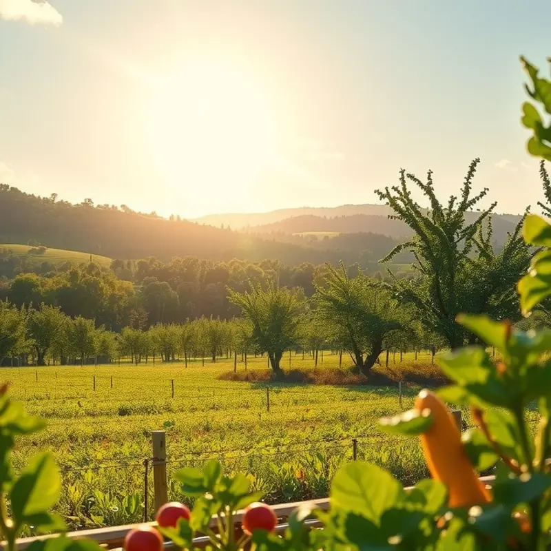 A sunlit orchard rich in vibrant fruits and vegetables.