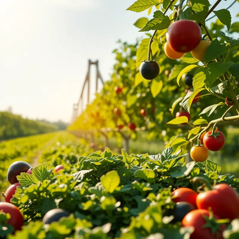 A sunny field brimming with healthy fruits and vegetables as a symbol of nutritious eating.