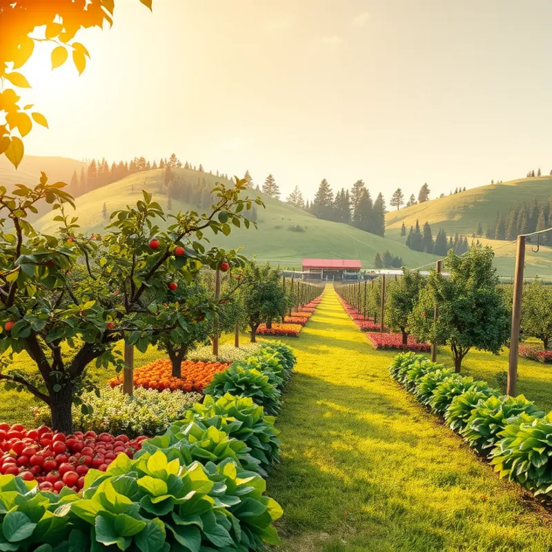 A lush landscape showcasing organic fruits and vegetables under warm sunlight.